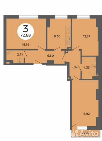 3-к квартира, 72.7 м², 13/25 эт.