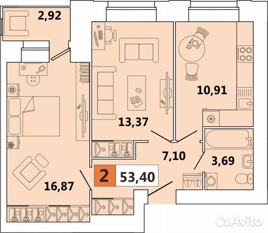 2-к квартира, 53 м², 2/9 эт.