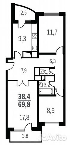 3-к квартира, 69.8 м², 3/11 эт.