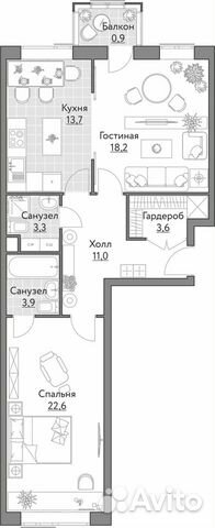 2-к квартира, 73.7 м², 2/7 эт.