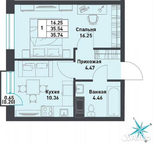 1-к квартира, 35.7 м², 4/9 эт. 1-к квартира, 35.7 м², 4/9 эт.