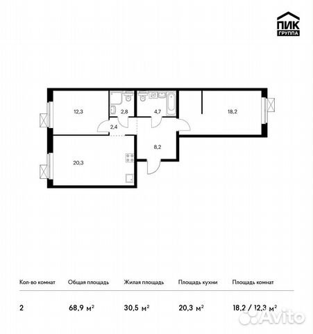 2-к квартира, 68.9 м², 2/14 эт.