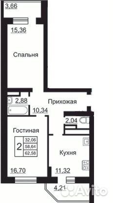 2-к квартира, 62.6 м², 17/18 эт.