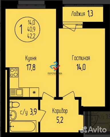 1-к квартира, 42.2 м², 5/25 эт. 1-к квартира, 42.2 м², 5/25 эт.