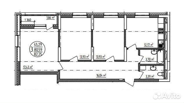 3-к квартира, 82.3 м², 12/21 эт.