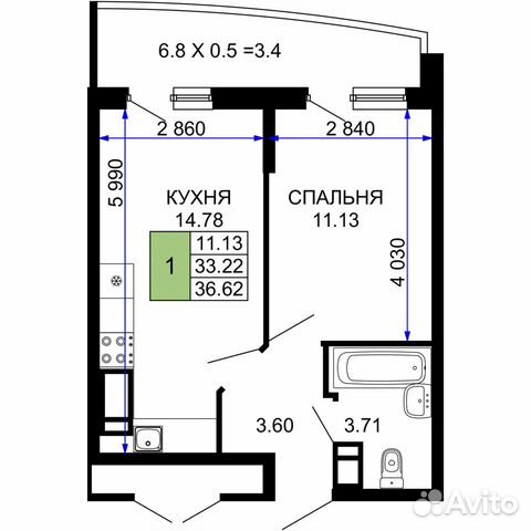 1-к квартира, 36.6 м², 12/24 эт.