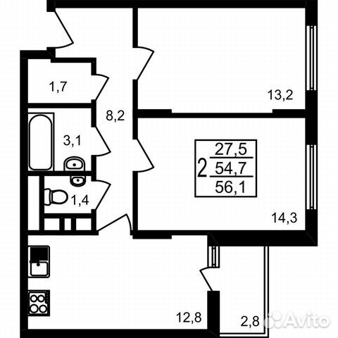 2-к квартира, 56.1 м², 11/17 эт.