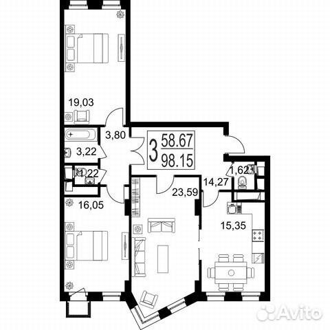 3-к квартира, 98.2 м², 12/18 эт.