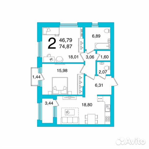 2-к квартира, 74.9 м², 3/12 эт.