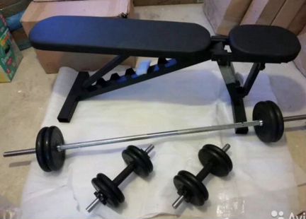Скамья для жима, штанга, гантели
