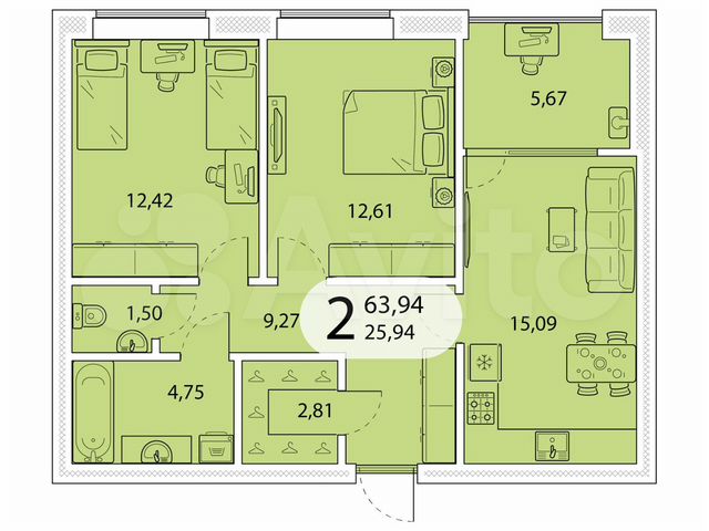 2-к. квартира, 63,9 м², 3/5 эт.