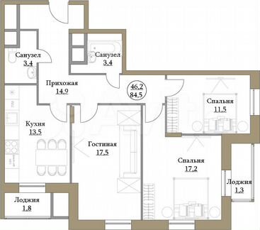 3-к квартира, 84.5 м², 11/17 эт.