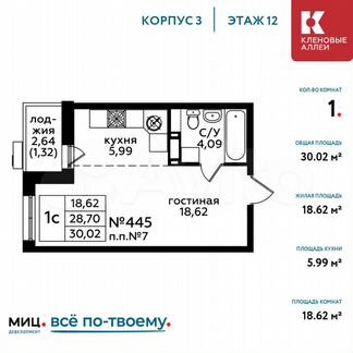 1-к квартира, 30 м², 12/17 эт.