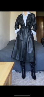 Кожаный чёрный плащ/тренч