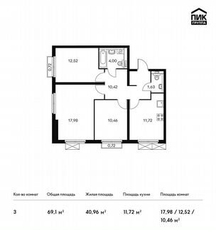 3-к квартира, 69.1 м², 17/20 эт.