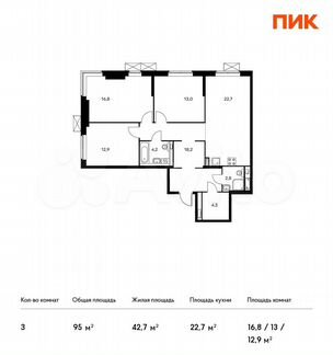 3-к квартира, 95 м², 4/13 эт.