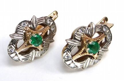 Золотые серьги 585 пробы, изумруды и бриллианты